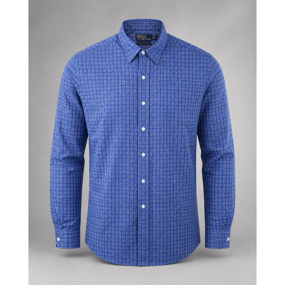 Polo Ralph Lauren Shirt Mens L Classic Fit 100s Cotton Blue Plaid Button Up